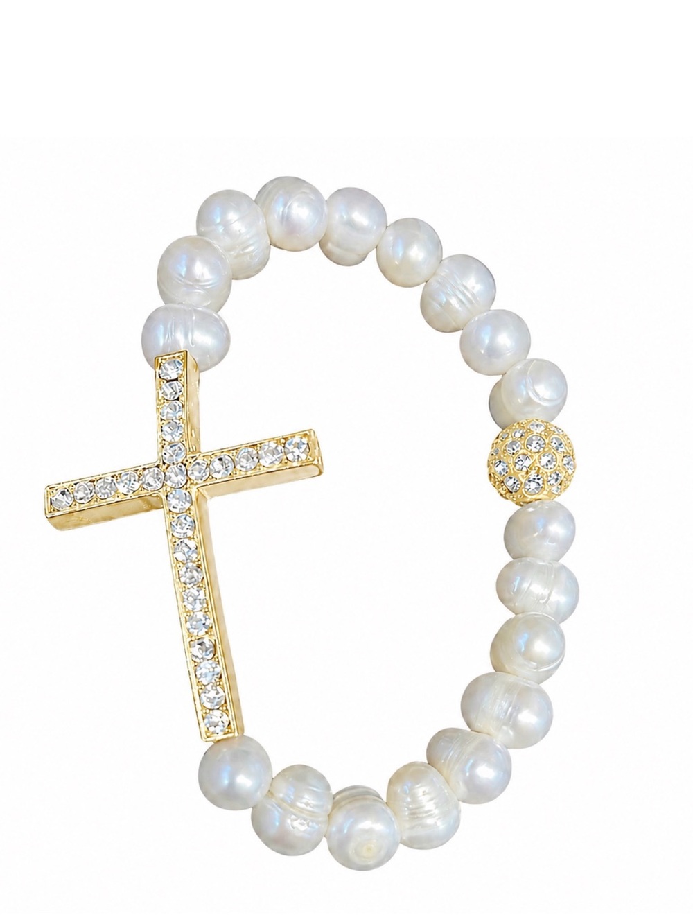 Hand Crafted Freshwater Pearl and Gold Rhinestone Cross Bracelet
